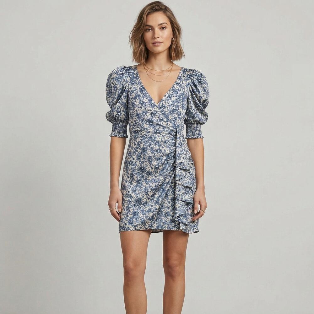 Cinq a Sept Lucinda Floral Print Ruffle Dress in Blue size 8